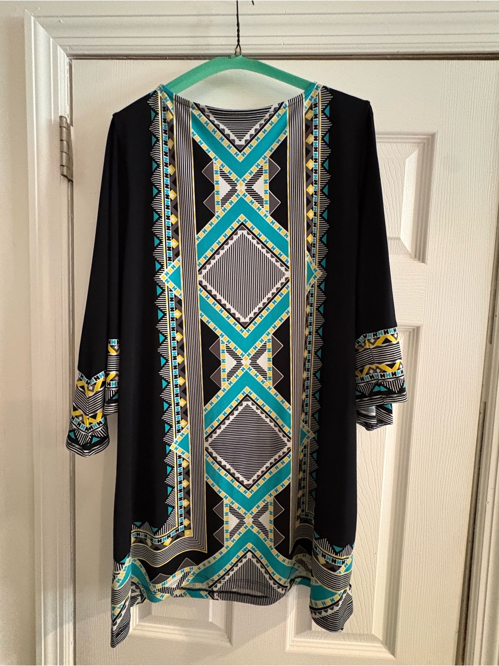 Black Tunic Dress with Teal and Yellow Geometric Front Panel